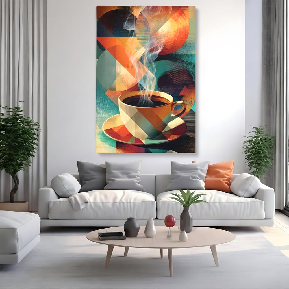 Tablou canvas cu ilustratie abstracta cu ceasca de cafea, fara rama, pe sasiu de lemn, pe perete intr-un living